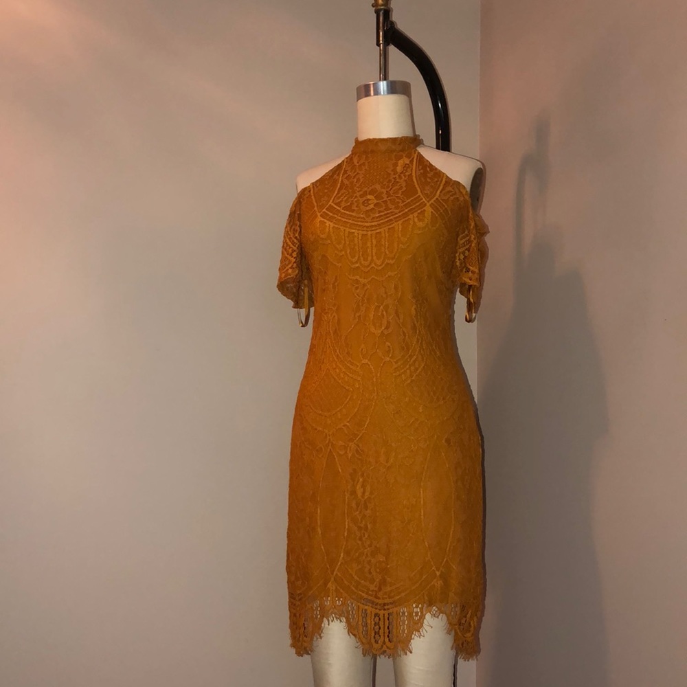 Lace Overlay Dress with cold shoulder detail